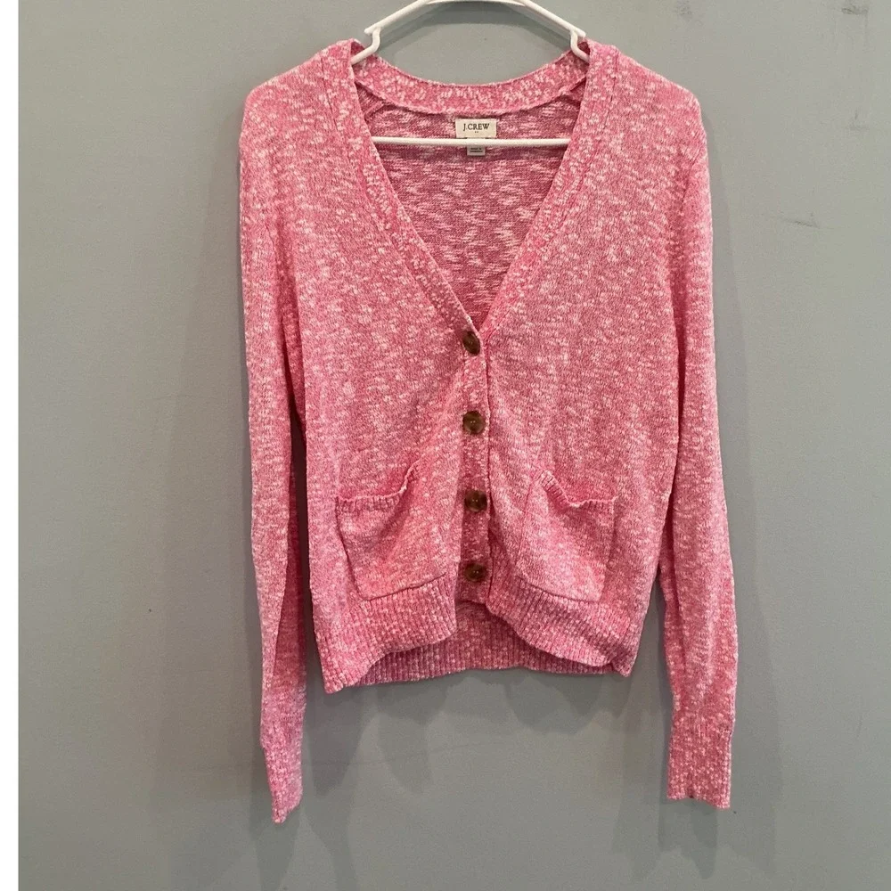 J.Crew Womens V-Neck Cotton Cardigan Sweater M Pink Beach Preppy Layers Fall